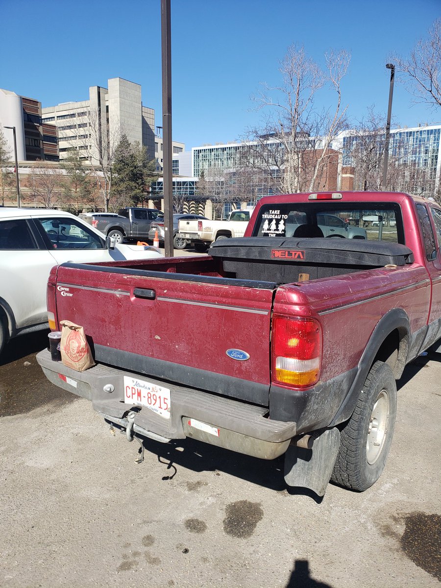 Spotted at a hospital in Edmonton. 'Take Trudeau to the train station' implies execution of the PM. These #freedumbers are demented. #abpoli #CarbonTaxProtest #PP #NeverVoteConservative #yeg