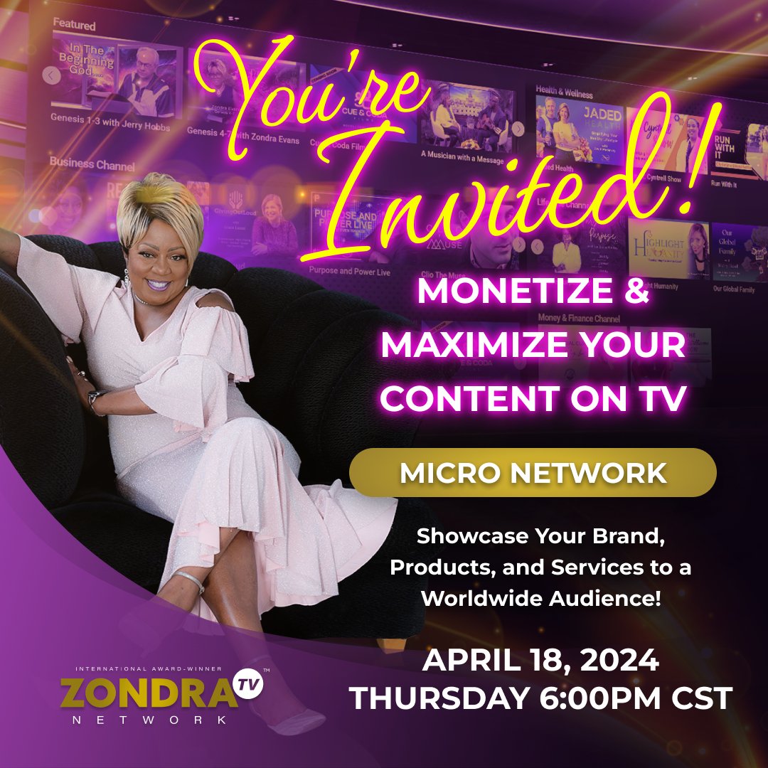 🚀 Are you ready to take charge of your media destiny? 🌟 Join us for an exclusive FREE informational meeting on April 18, 2024, and dive into the world of Micronetwork by Zondra TV. Register with the link below👇 #Micronetwork #OwnYourChannel #MediaEmpowerment #RSVPNow