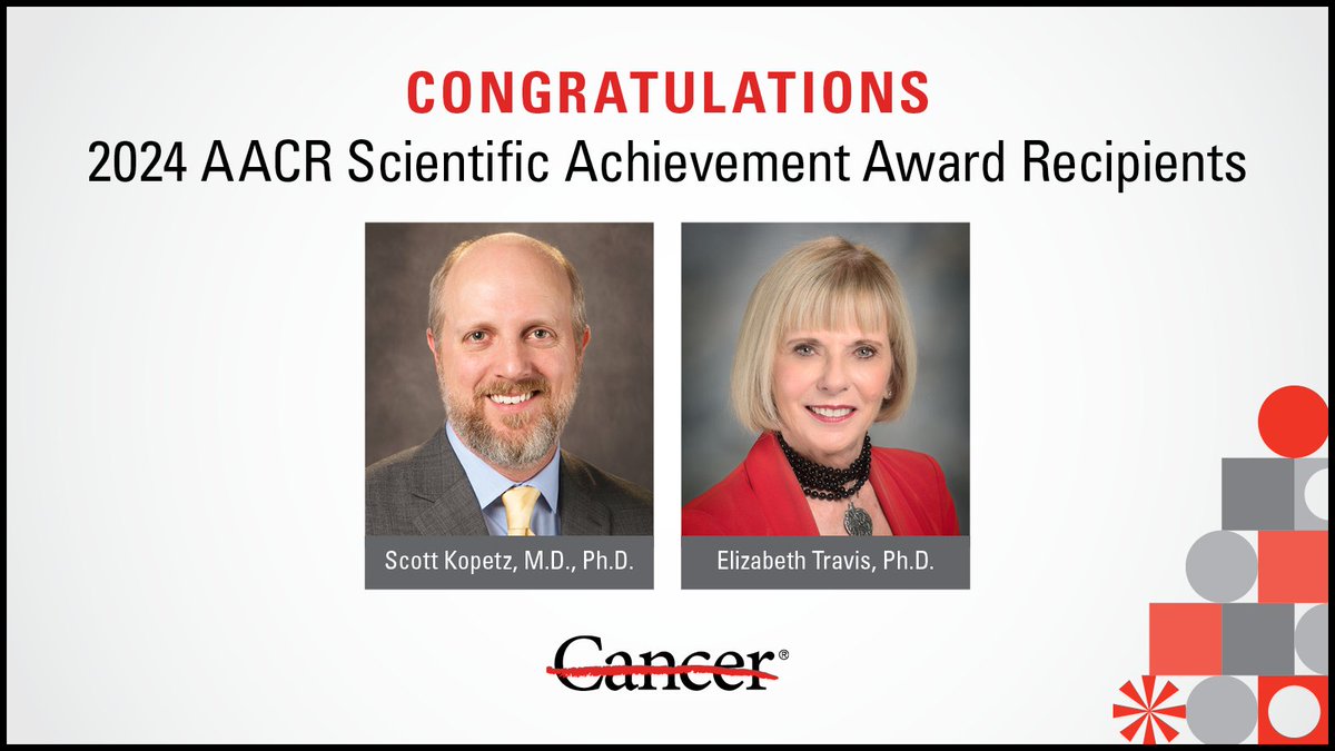 Congratulations to our Drs. Scott Kopetz and Elizabeth Travis on their @AACR 2024 Scientific Achievement Awards: • @skopetz will receive the Waun Ki Hong Award for Outstanding Achievement in Translational and Clinical Cancer Research • @ELTravisPhD will receive the Women in…