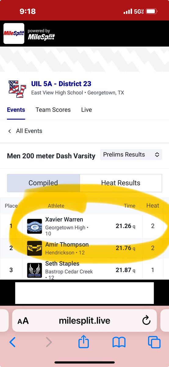 👀👀👀👀 College Coaches I told you he was fast. Another 10.3 - 100 and a school record in his first 200 of the year. 21.26. Less than a second off of the Texas 5A record. Sign him up. This WR is FAST! @XavierWarren07 @GTEagleFootball @GtownTrack #GTDNA #recruitGtown