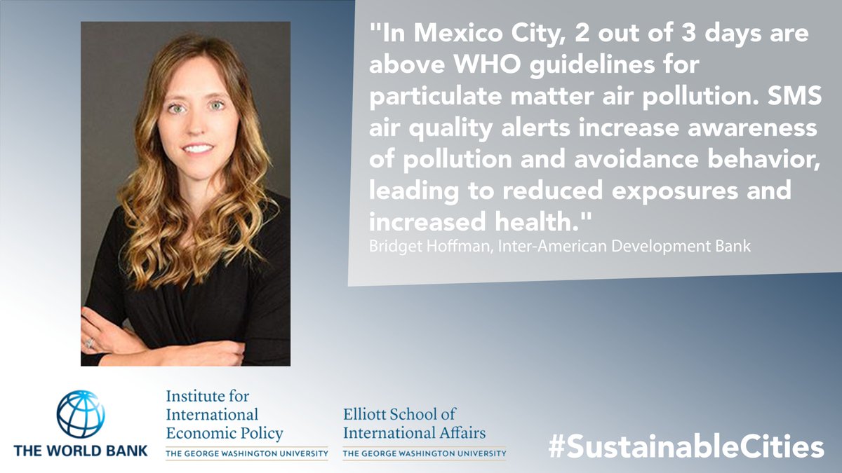 Through a controlled trial in #MexicoCity, Bridget Hoffman (@the_IDB) studies #AirQuality SMS alerts and the effects they have on information and behavior. She concludes that there are increased reports of pollution and avoidance behavior across days of all levels of pollution.