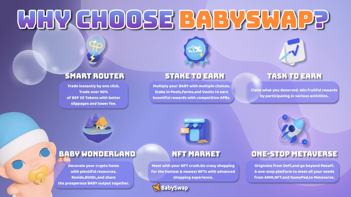 Why #BabySwap? 💻 User-friendly & user-centered features & operations 😍 Comprehensive functions 🥳 Cheerful events & activities 💰 Various, effortless, efficient earning ways 👬 Motivative & supportive community Why always comes with answers 💪🏻 It's #Babyverse always!! 👶🏻
