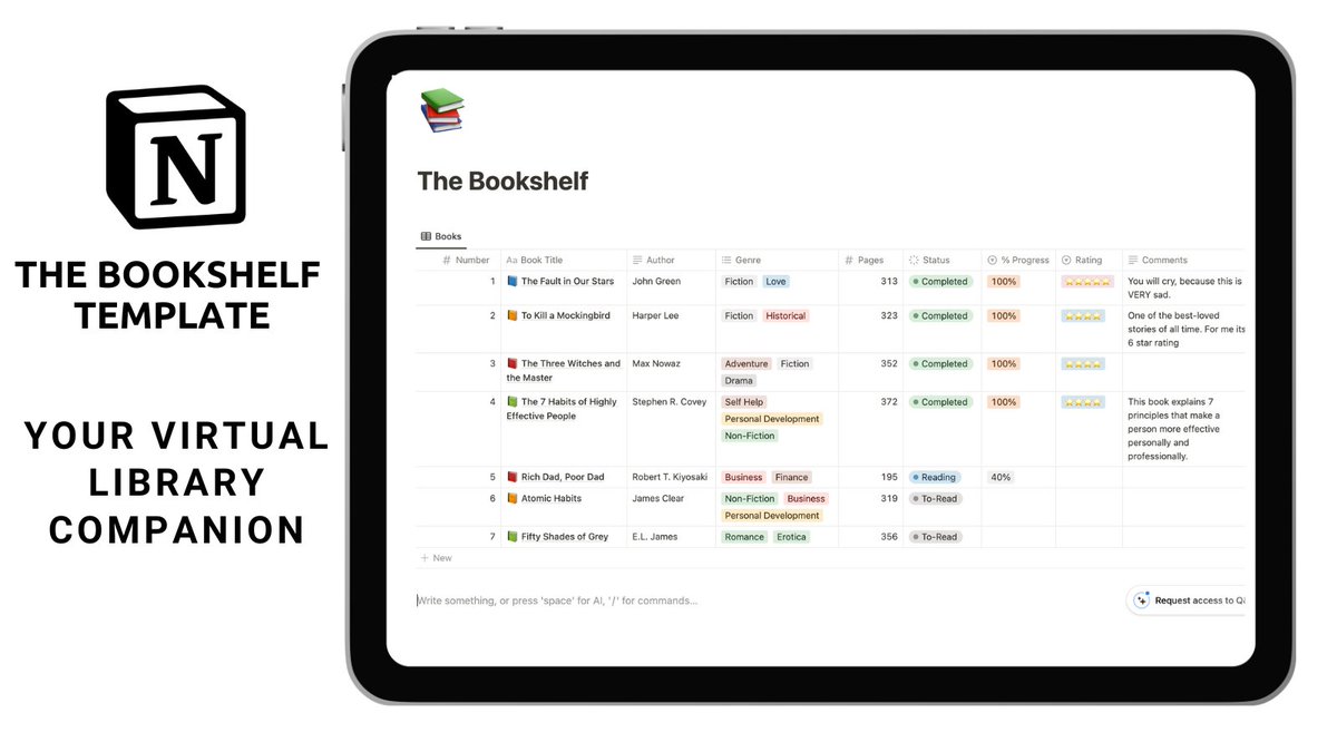 notion_haroon's tweet image. ''Your Virtual Library''
'The Bookshelf' Notion Template!
It's FREE of charge!
To get it, simply:
• Like
• Retweet
• Reply "Books"
• Follow me (so I can DM you)
#notion #notiontemplate