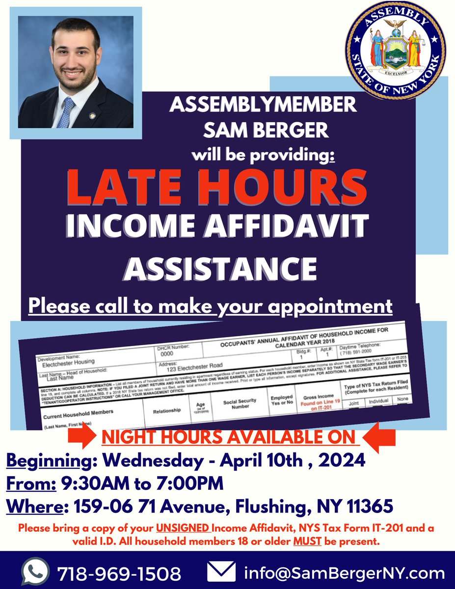 ATTN Electchester Housing: My office will be hosting Late Hour Income Affadivt Assistance on April 10th and will remain open until 7PM to accommodate residents, including free notarization. Please be sure to make an appointment - others will be served in the order they arrive.