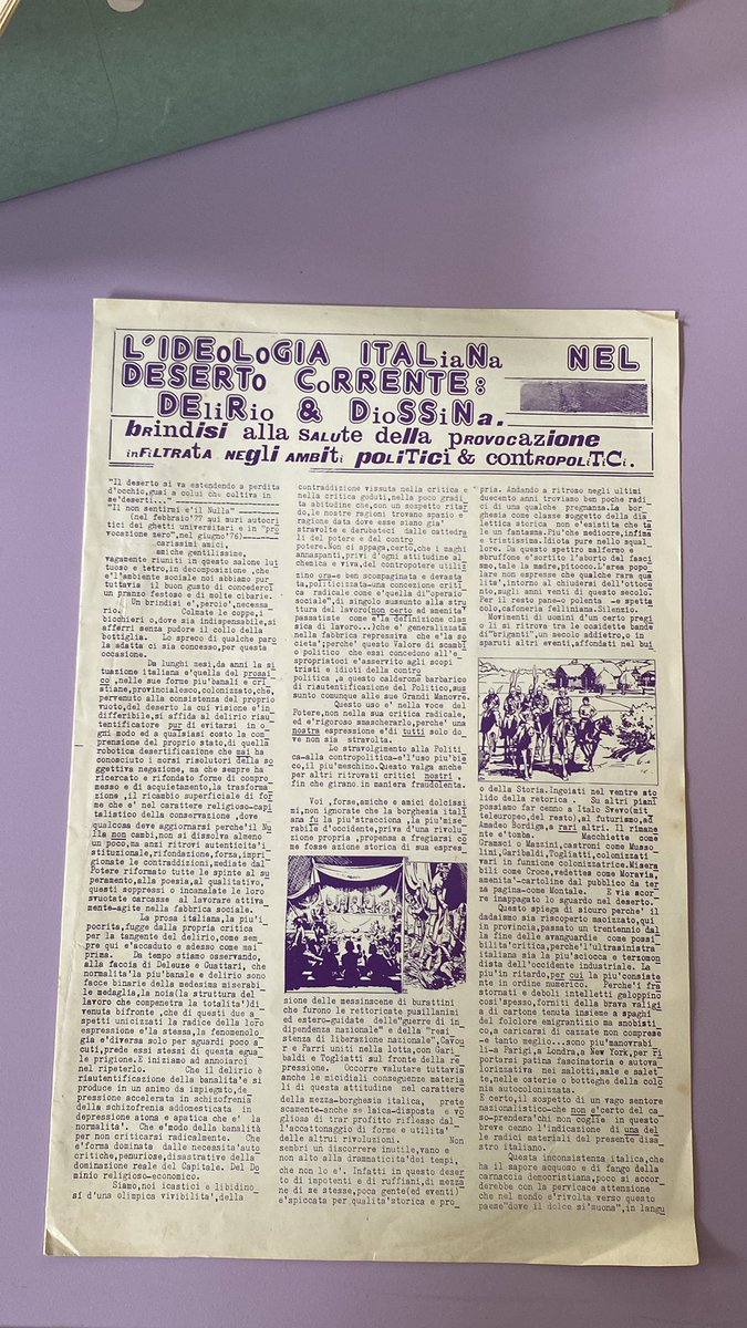 Autonomia movement sheet. The masthead translates to something like- ‘Italian ideology in the current desert: delirium and dioxin. Here’s to the health of provocation infiltrating the fields of politics and counterpolitics’ 4 pages - on an unusually glossy paper -dated March 77