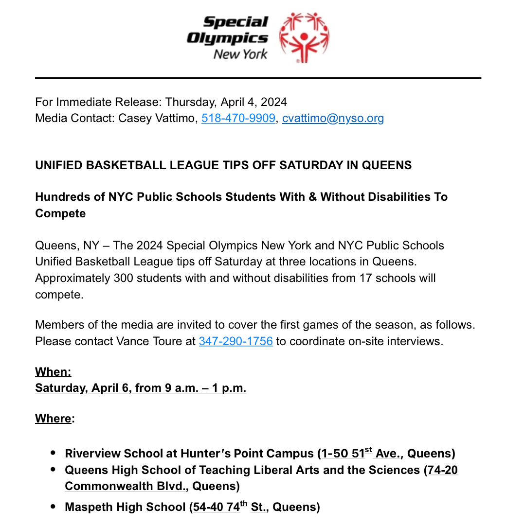 NYC MEDIA ADVISORY: ⁦@SpecOlympicsNY⁩ ⁦@NYCSchools⁩ Unified 🏀 League tips off Saturday 4/6 in #Queens; 300 students with and without disabilities from 17 schools to compete