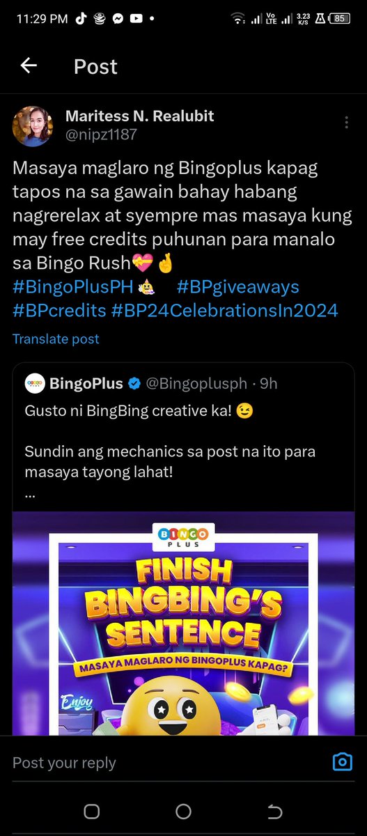 nipz1187's tweet photo. @Bingoplusph Done po. Sana mapili din manalo 🤞☺️#BingoPlusPH    #BPgiveaways #BPcredits #BP24CelebrationsIn2024 https://t.co/SSpgMivCZY