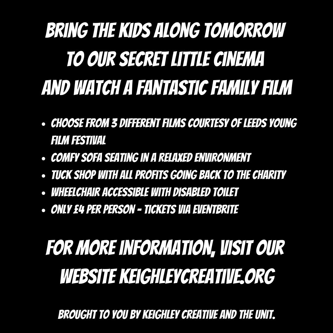 It’s looking wet tomorrow! What about taking the kids to watch a family film in our cosy secret cinema space?! Only £4 each - ticket link: eventbrite.co.uk/o/keighley-cre… #familyfilm #lyff2024 #keighley #keighleycreative #leedsyoungfilmfestival #rainyday