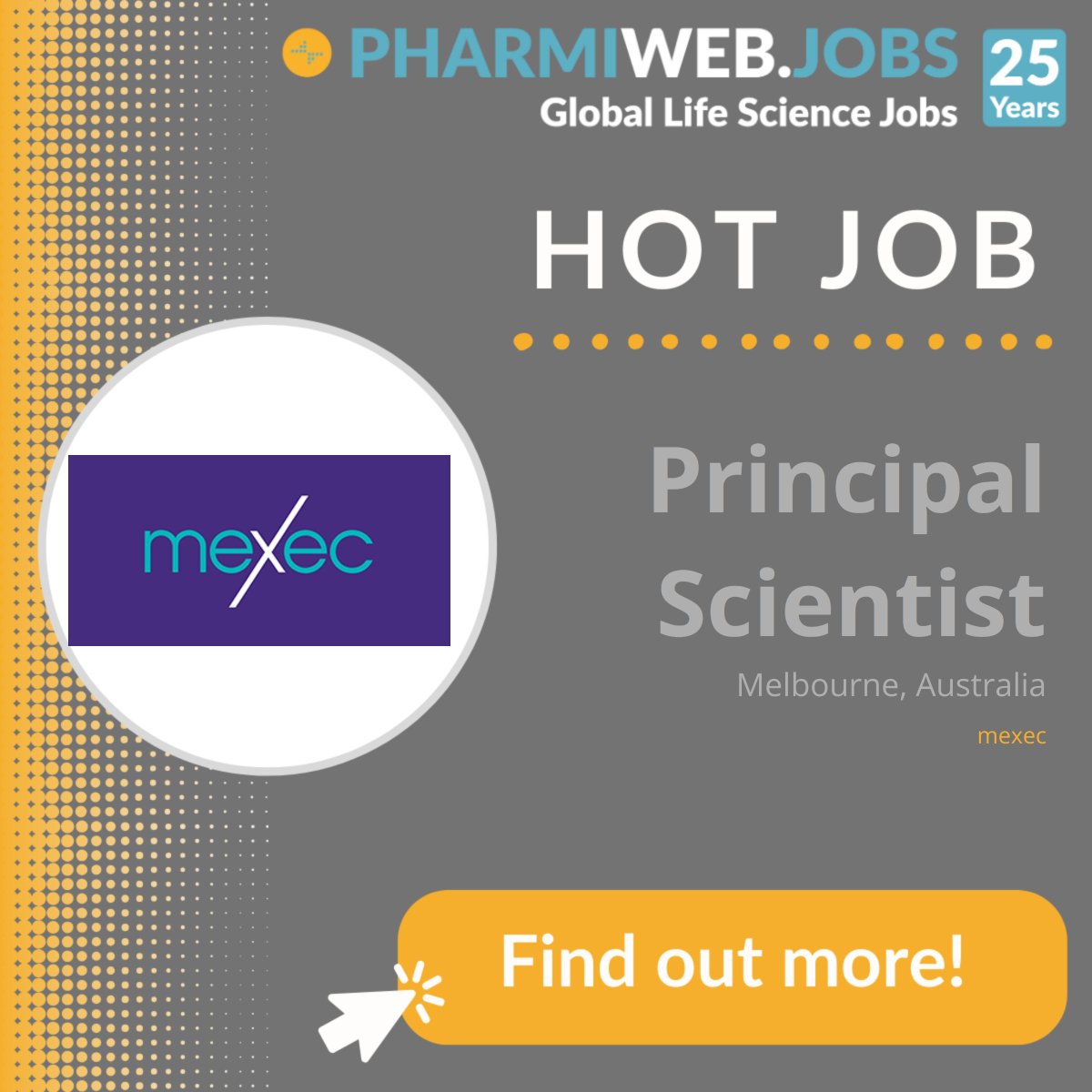 Mexec currently have a fantastic opportunity to join a Melbourne-based, venture capital funded #biotechnology company, developing innovative medicines for chronic inflammation.

Find out more and apply now: phrmwb.com/3vsKVju 

#mexec #principalscientist #scientistjobs