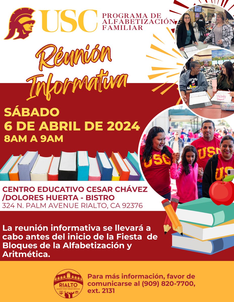 📖✌❤💛 Before the Literacy & Numeracy Block Party kicks off, join us for the USC Family Literacy Program Informational Meeting at 8AM on Saturday, April 6 at the RUSD Cafe Bistro. Learn more about this valuable program for our families!