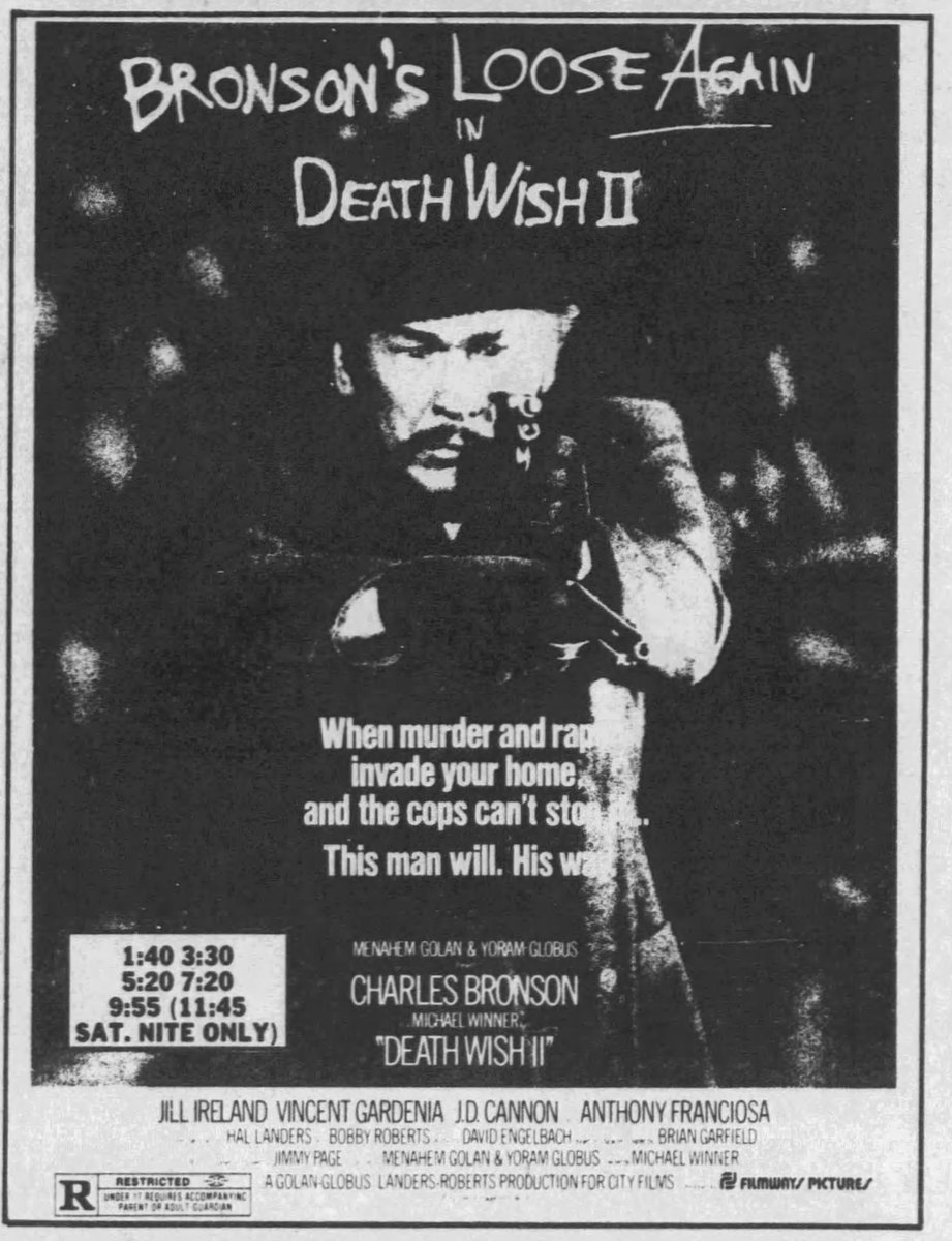 Paul Kersey stalked the streets of Los Angeles... and the shopping centers of northern Connecticut, when Death Wish II arrived at the theater in the Enfield Mall on April 10th, 1982: