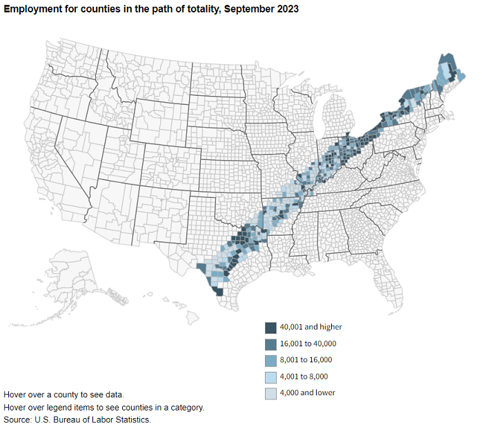 Map showing employment for counties in the path of totality, September 2023.