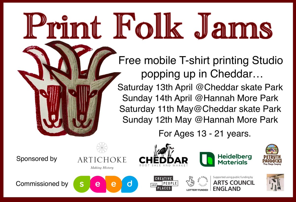 Pleased to be able to support Ink Jam with their pop up t-shirt printing studios at Cheddar skatepark and Hannah More Park. Open to ages 13-21. #folkjam #cheddar #tshirtprinting #youthactivities