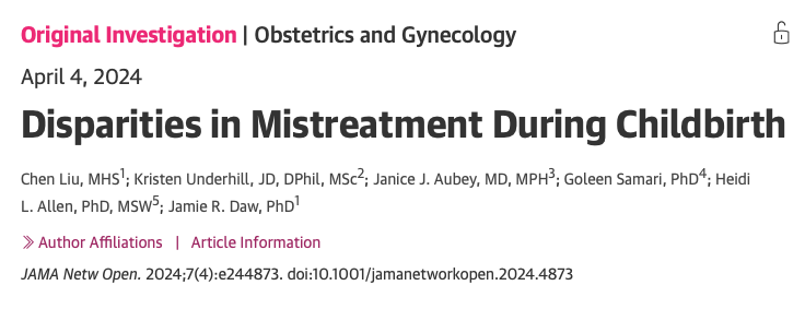 Using survey data representative of all live births in 2020 from 6 states and NYC, we found that more than 1 in 8 people (13%) experienced mistreatment by care providers during childbirth. @JAMANetworkOpen jamanetwork.com/journals/jaman…