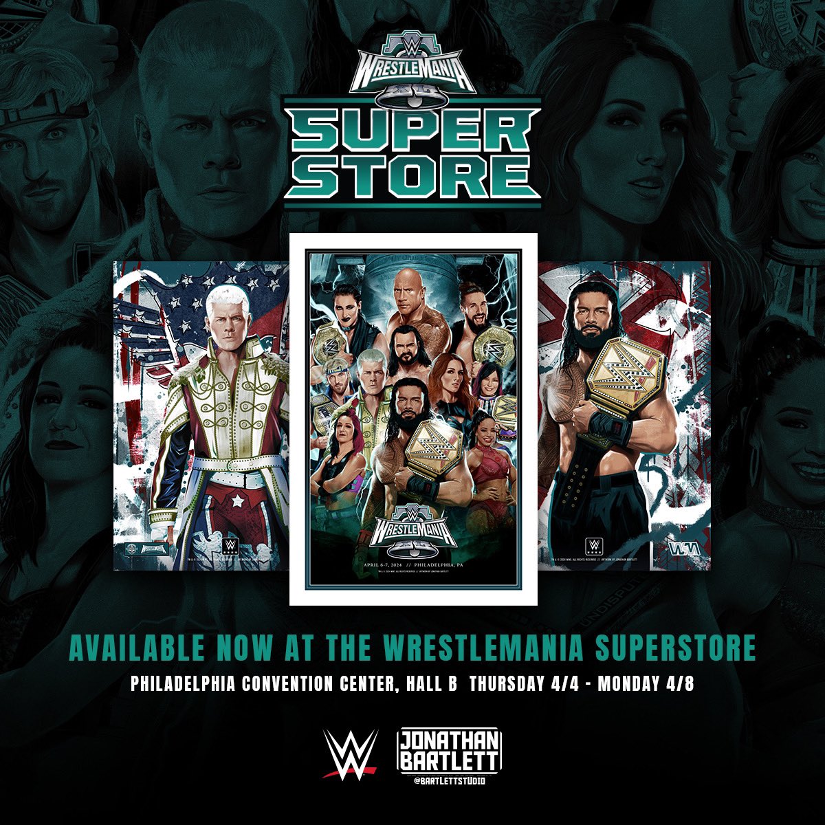 Going to WrestleMania 40? The WrestleMania 40 Superstore is now OPEN! Head on over and check out the HUGE assortment of Tees, Titles, Accessories and even Jonathan Bartlett art prints! #WWE #WrestleMania