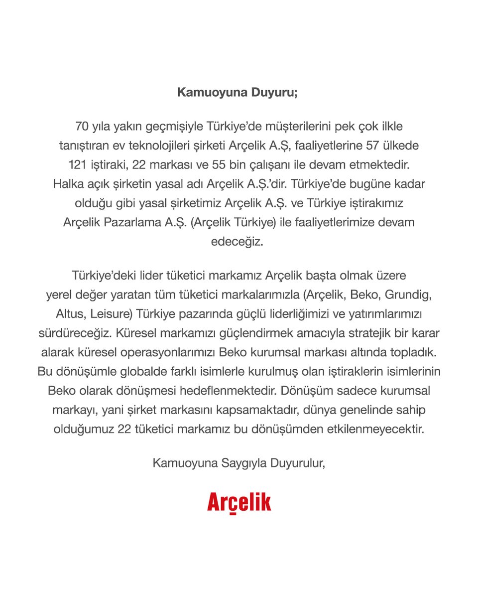 Arcelik_TR's tweet photo. Kamuoyuna Duyuru;

70 yıla yakın geçmişiyle Türkiye’de müşterilerini pek çok ilkle tanıştıran ev teknolojileri şirketi Arçelik A.Ş, faaliyetlerine 57 ülkede 121 iştiraki, 22 markası ve 55 bin çalışanı ile devam etmektedir. https://t.co/kfnfRezpFr