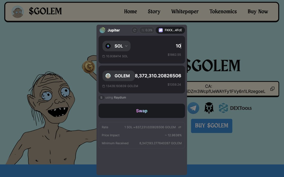 GolemCoinSOL's tweet photo. Now you can get $GOLEM on our own website: https://t.co/qjYDb3yi17
This Dev golem makes things easier. 😍 Just click on BUY $GOLEM 👆
🟢 Jupiter swap active (Phantom - Blowfish verified site)
@JupiterExchange @phantom 💜
#SolanaMemeCoins #Solana #Parodymeme $SOL #GOLEM https://t.co/VoO1oa60qC