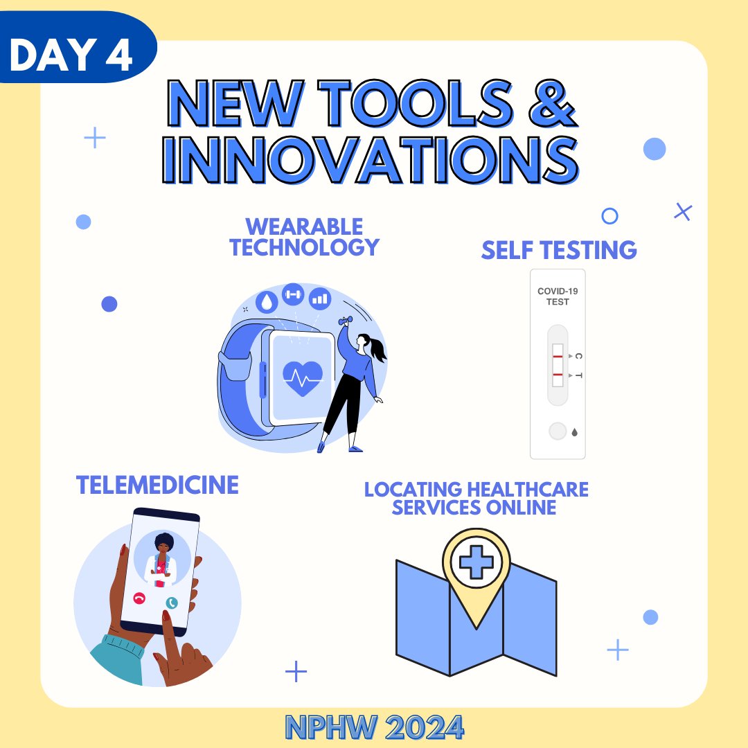 phdsag's tweet photo. Happy Day 4 of #NPHW! 🏥 🤩

Today's focus is New Tools and Innovations in healthcare! These new innovations drive public health forward. From telemedicine to health apps and wearable technology, new tools are making healthcare more accessible and efficient. #NPHW2024 https://t.co/NlgGHClCVq