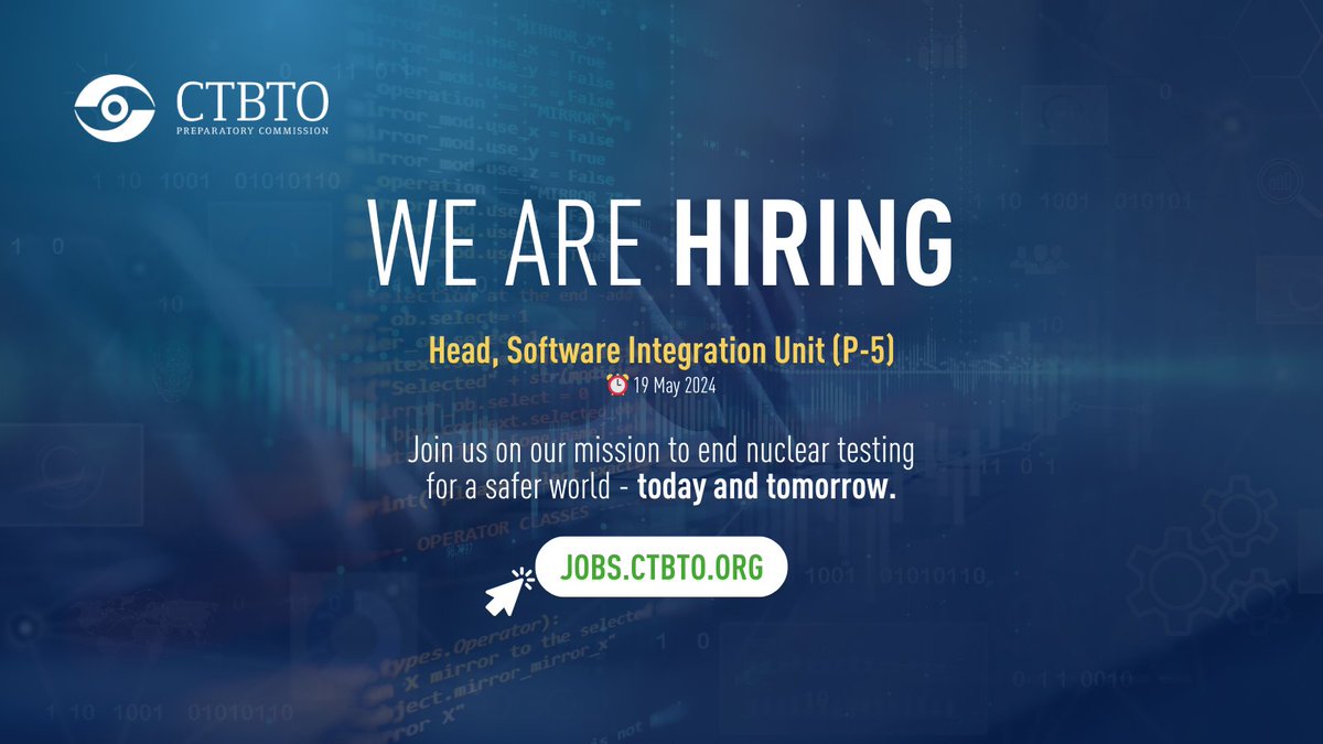 📣Hiring senior management professionals! 👩‍💻Head, Software Integration Unit (P5)! Do you have 10+ years of years of experience in managing & developing scientific software for processing large data volumes & proficiency in UNIX/LINUX OS.➡️ ctbto.info/49gXHPT (⏰19 May)