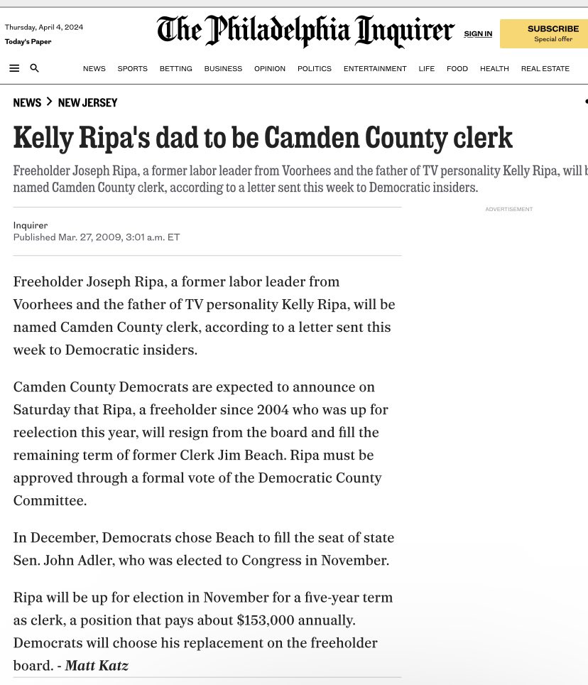 delany_kate's tweet photo. While everyone’s looking at the @CCDems n @camdencountynj to see how long n how many taxpayer dollars they’re going to waste on their tantrum against fair ballots, here’s a fun read about Camden County Clerk Joe Ripa. The @CCDems love musical chairs. That’s how we got Ripa/🧵 https://t.co/7zy54TvbbO