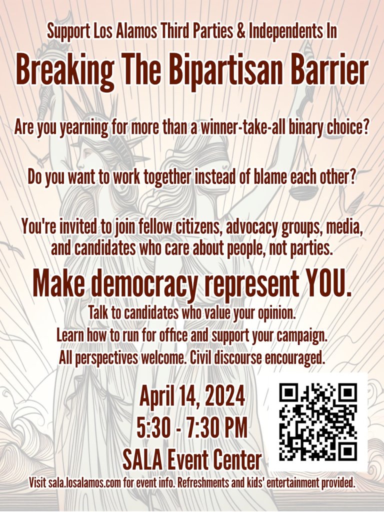 'Here are some strategies to consider to diversify our political choices:

1. Vote for candidates who will implement electoral reform such as [#RCV], [#ProRep], [etc.]....

2. Vote for candidates who will reduce barriers to ballot access...'

losalamosreporter.com/2024/04/02/non…