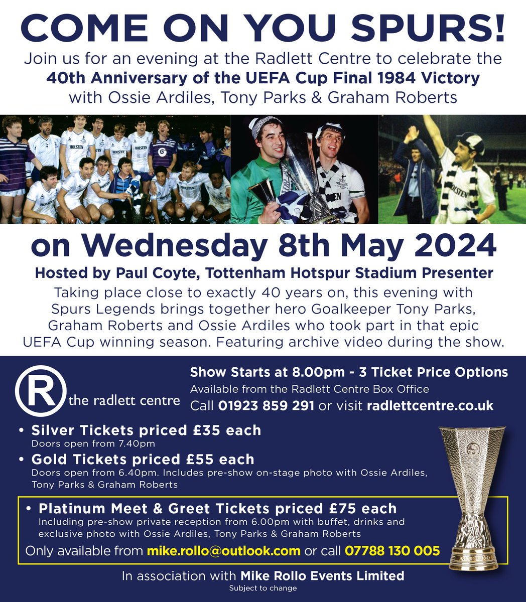 BREAKING NEWS! FA Cup Final 1981 hero Ricky Villa is now attending the Evening with Ossie Ardiles, Graham Roberts & Tony Parks taking place at The Radlett Centre on Wednesday 8th May! Celebrating 40th Anniversary of UEFA Cup Final 1984 Hosted by @Coytey see details below