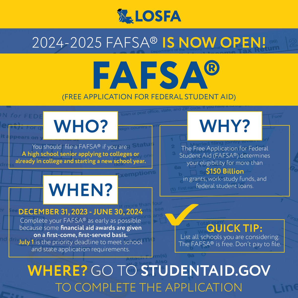 Have you completed the 2024-2025 FAFSA® yet? Visit studentaid.gov/announcements-… for tips on how to complete your FAFSA®.