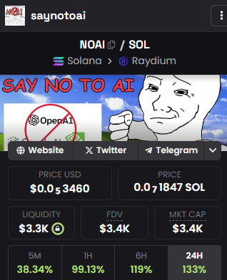 saynotoai_sol's tweet photo. 🚨🚨🚨 $NOAI Something Big Is Coming!

👉👉 Time to the Moon

Say No To AI, We don't trust AI.

#memecoins https://t.co/ny3HSqNqb3
