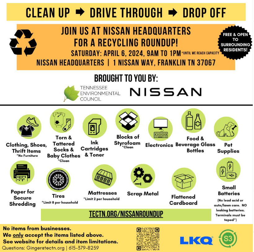 Volunteers are needed this Saturday to help with event setup, direct traffic flow, survey event attendees, and other tasks at a Reclying Roundup event hosted by the @TNEnvCouncil and @NissanUSA! More details here: hon.org/opportunity/a0…