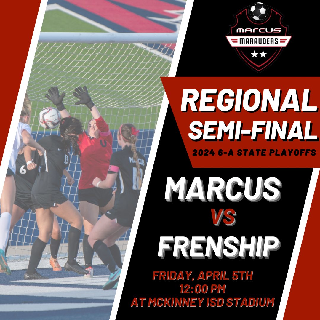 Regional Tournament Bound ‼️⚽️ Marcus vs Frenship TOMORROW at Noon At McKinney ISD Stadium Wear RED! Let’s go MMFCG!!! 🔒 #LockIn @MarcusRedNation @Marcus_HS