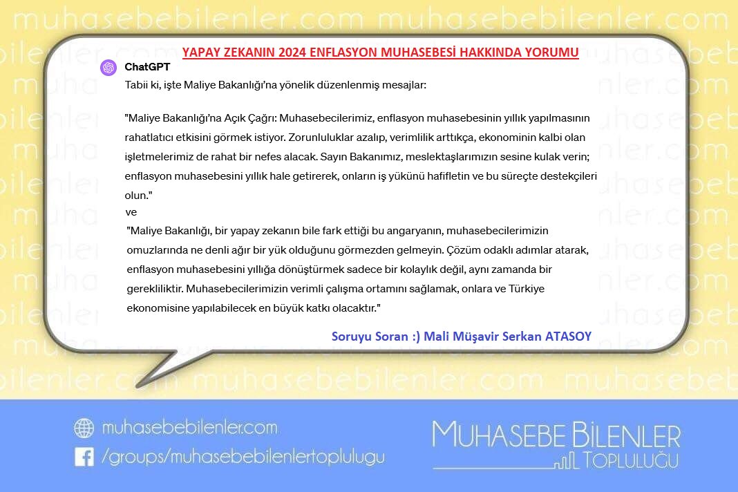 Yapay Zeka #Chatgpt'ye #EnflasyonMuhasebesi Maliye,İşletmeler,SMMMler,YMMler ve Muhasebeciler özelinde 2024 düzeltmelerinde olması gerekeni sorduk. 3 Aylık değil Yıllık yapılmasının gerektiğini savundu. Yapay Zeka bunu düşünüyorsa Sizce Gerçeği halen neyi bekliyor?@gibsosyalmedya