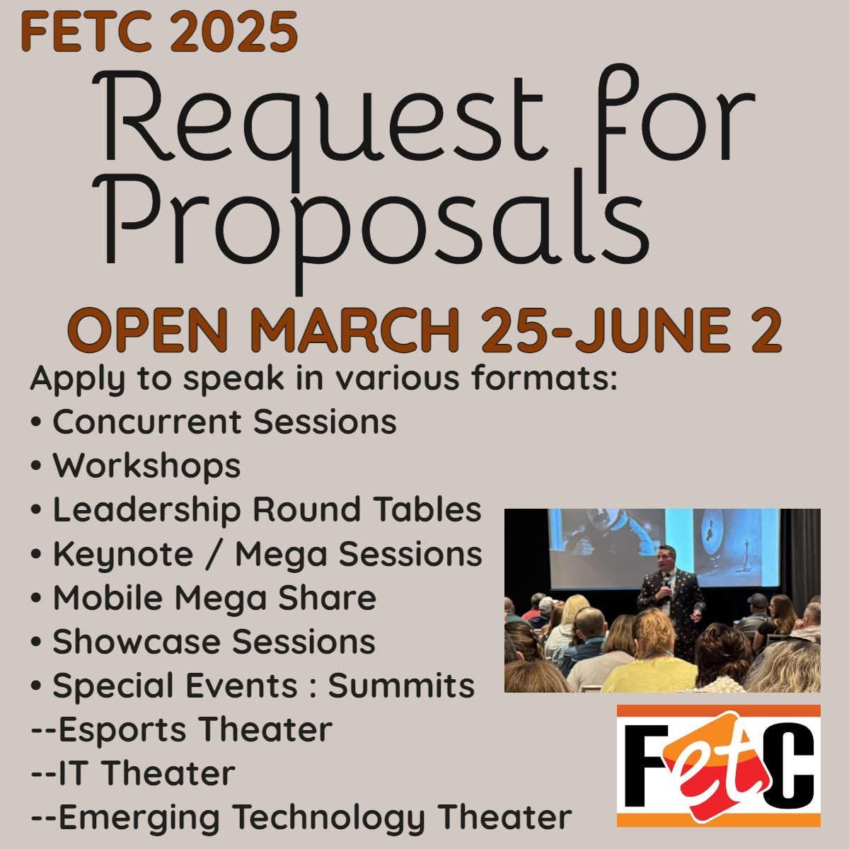 @FETC 2025 Request for Proposals is OPEN! What type of presentation would you like to share with the #FETC audience? There are several to choose from when you complete the application for presenting. All of them reach our #edtech audience in different ways and provide the very…