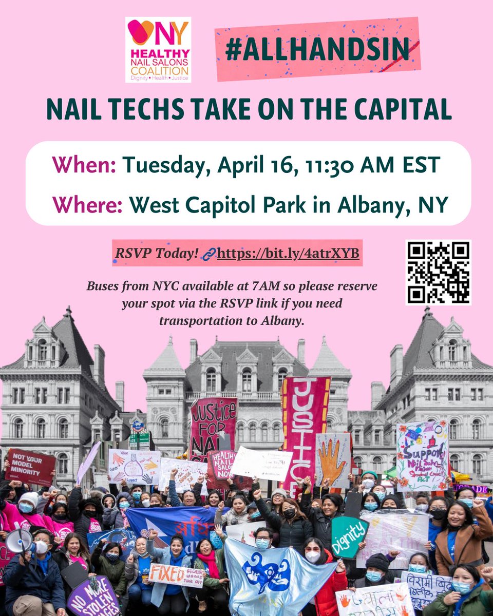 Join us at Albany to take action! Nail Salon Workers cant wait any longer - the State Legislature must prioritize our demands and pass the Nail Salon Minimum Standard Council Act (S1800/A378) NOW. RSVP today if you’d like to join, we need #AllHandsIn 🔗 bit.ly/4atrXYB