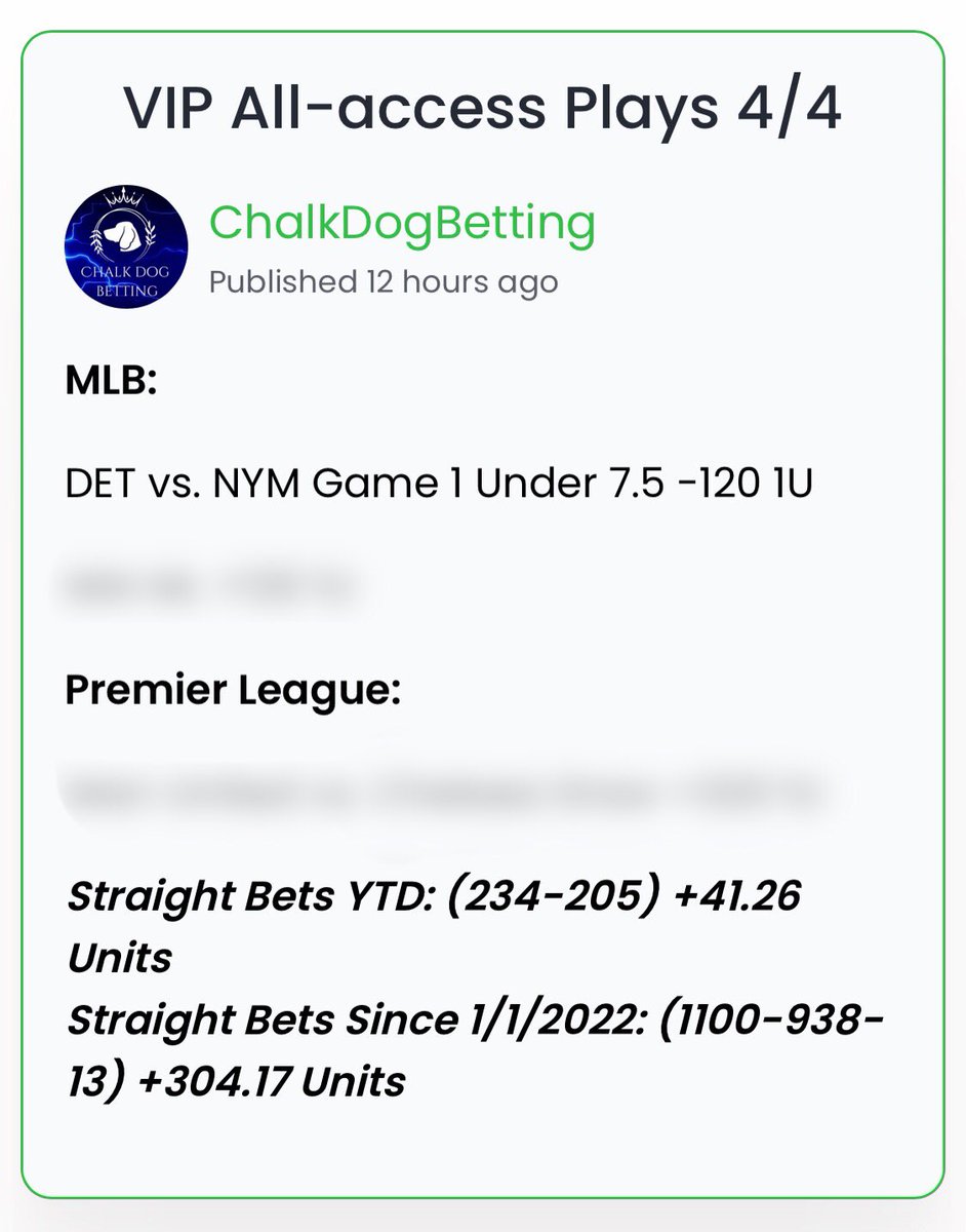 🚨VIP PICKS ARE IN🚨

💸YTD: (234-205)+41.26U💸

⬇️SINCE 1/1/2022⬇️

🔥💰(1100-938-13)+304.17U💰🔥

⬇️FREE PLAY BELOW⬇️

✅SUBSCRIBE BELOW TO GET ALL OF OUR DAILY PICKS✅

bit.ly/ChalkDogBetting

#GamblingTwitter #PrizePicks #MarchMadness2024  #MLB #NCAAB #NBA              #NHL…