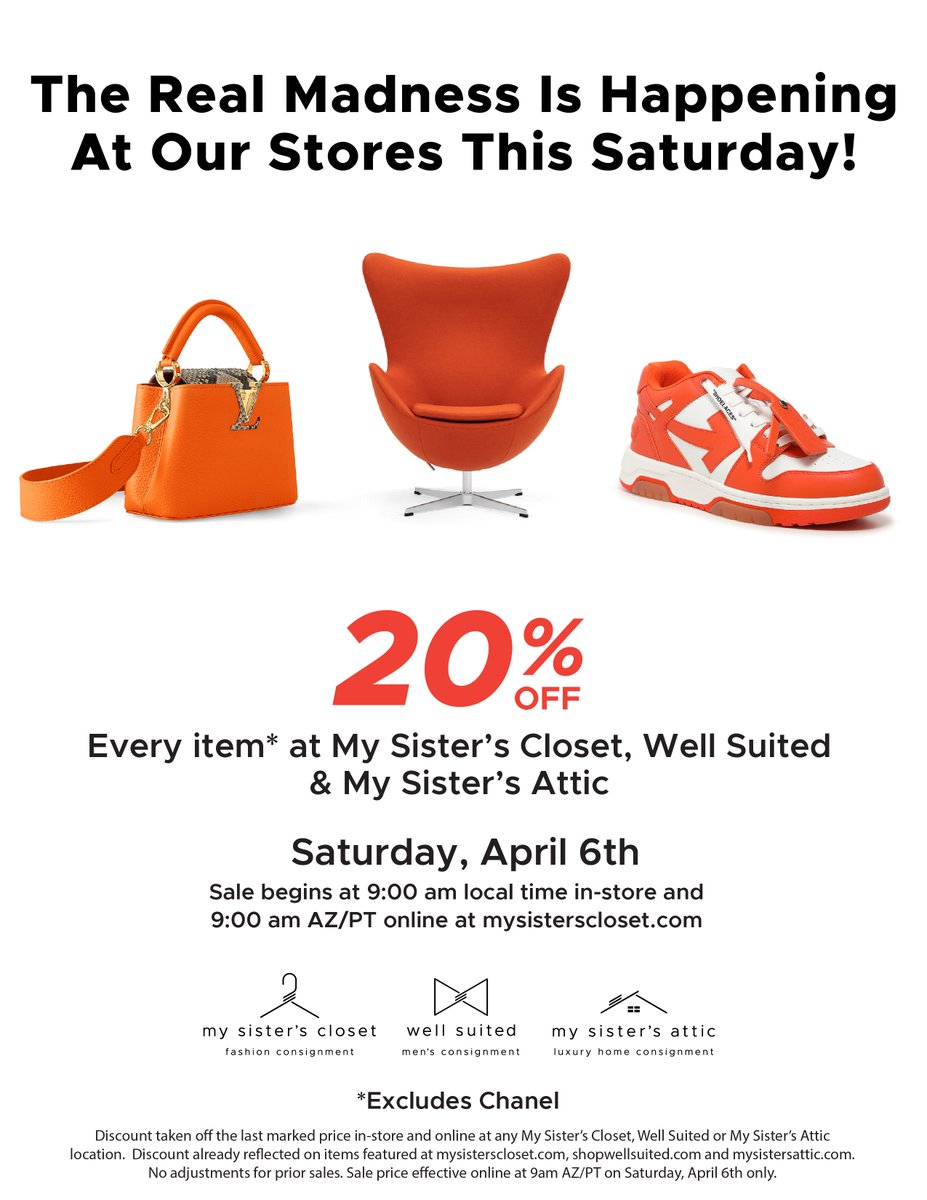 20% off everything* this Saturday only!

*Excludes Chanel

#sale #designer #designersale #consign #consignment #designerconsignment #fashion #clothing #womensclothing #mensclothing #furniturestore #mysistersattic #mysisterscloset #wellsuited
