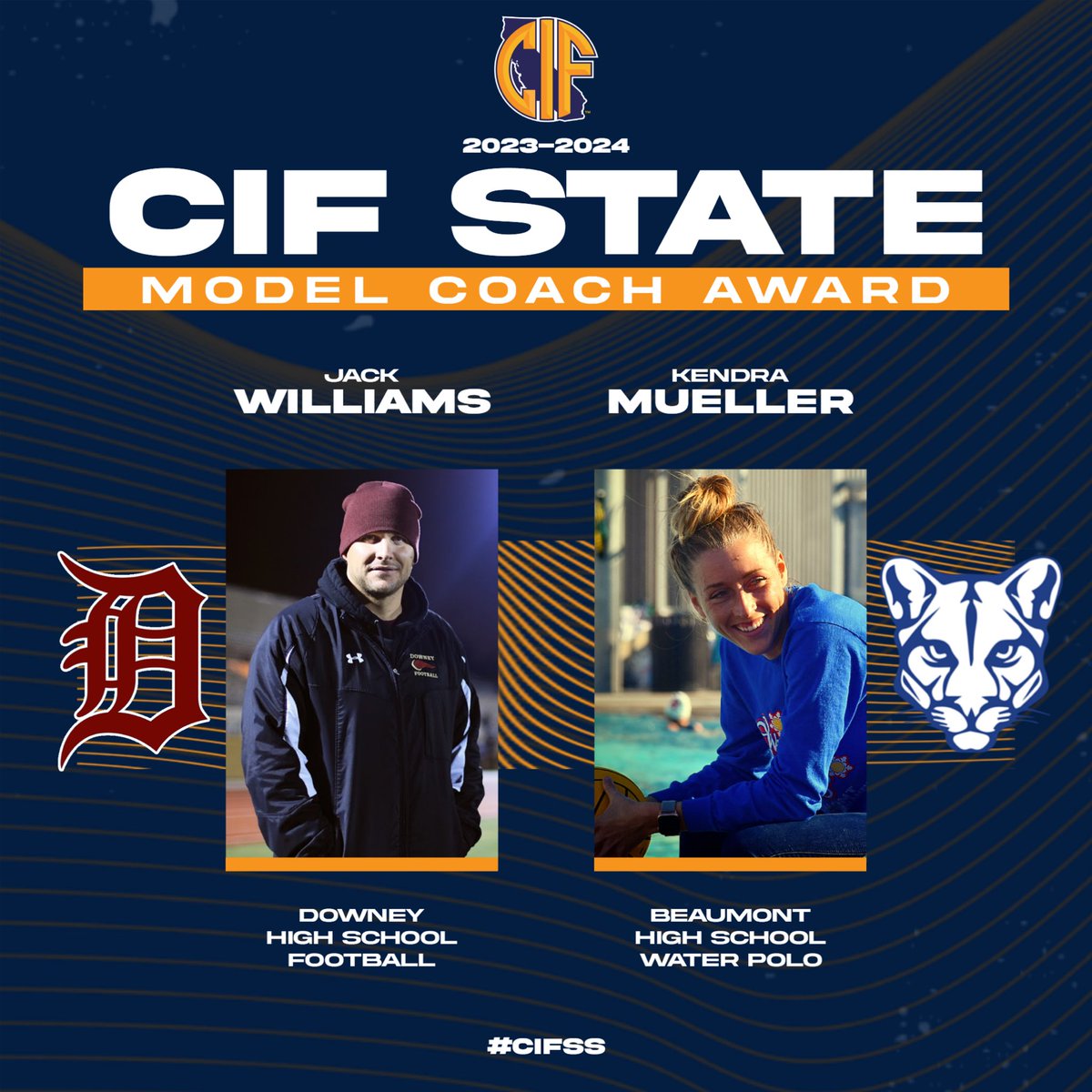 📣 SOUTHERN SECTION!! Please help us congratulate these two @cifss coaches for being awarded the 2023-2024 @cifstate Model Coach Award! 👏 Jack Williams - FOOTBALL 🏈 @dvikesfootball   Kendra Mueller - WATER POLO 🤽‍♀️ Beaumont High School