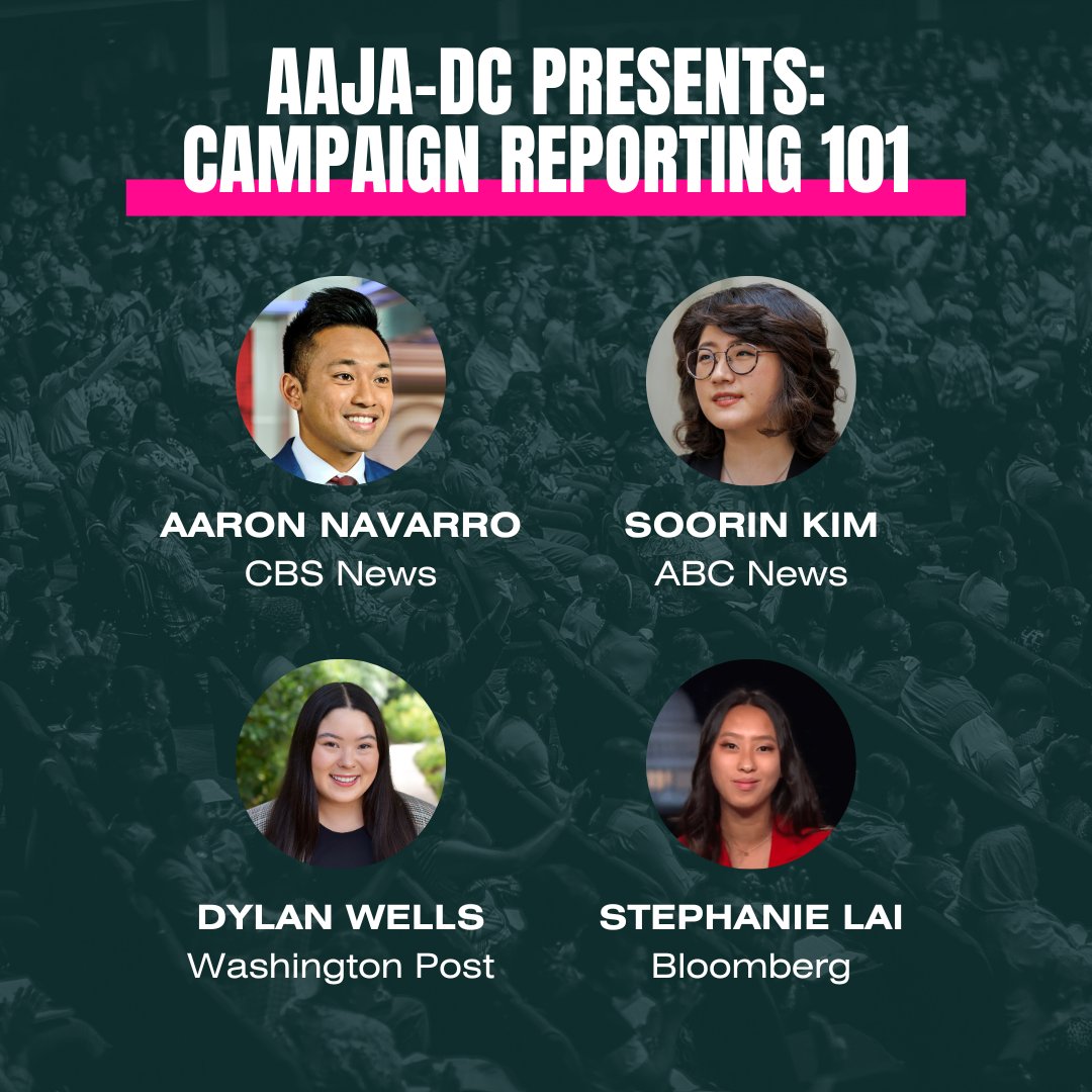 Announcing our next exciting spring program: Campaign reporting 101! Join AAJA-DC for a conversation on becoming a campaign reporter. We'll hear from @SooRinKimm , @aaronlarnavarro, @stephaniealai & @dylanewells Sign up here: forms.gle/bg33hhXMnKzQA9…