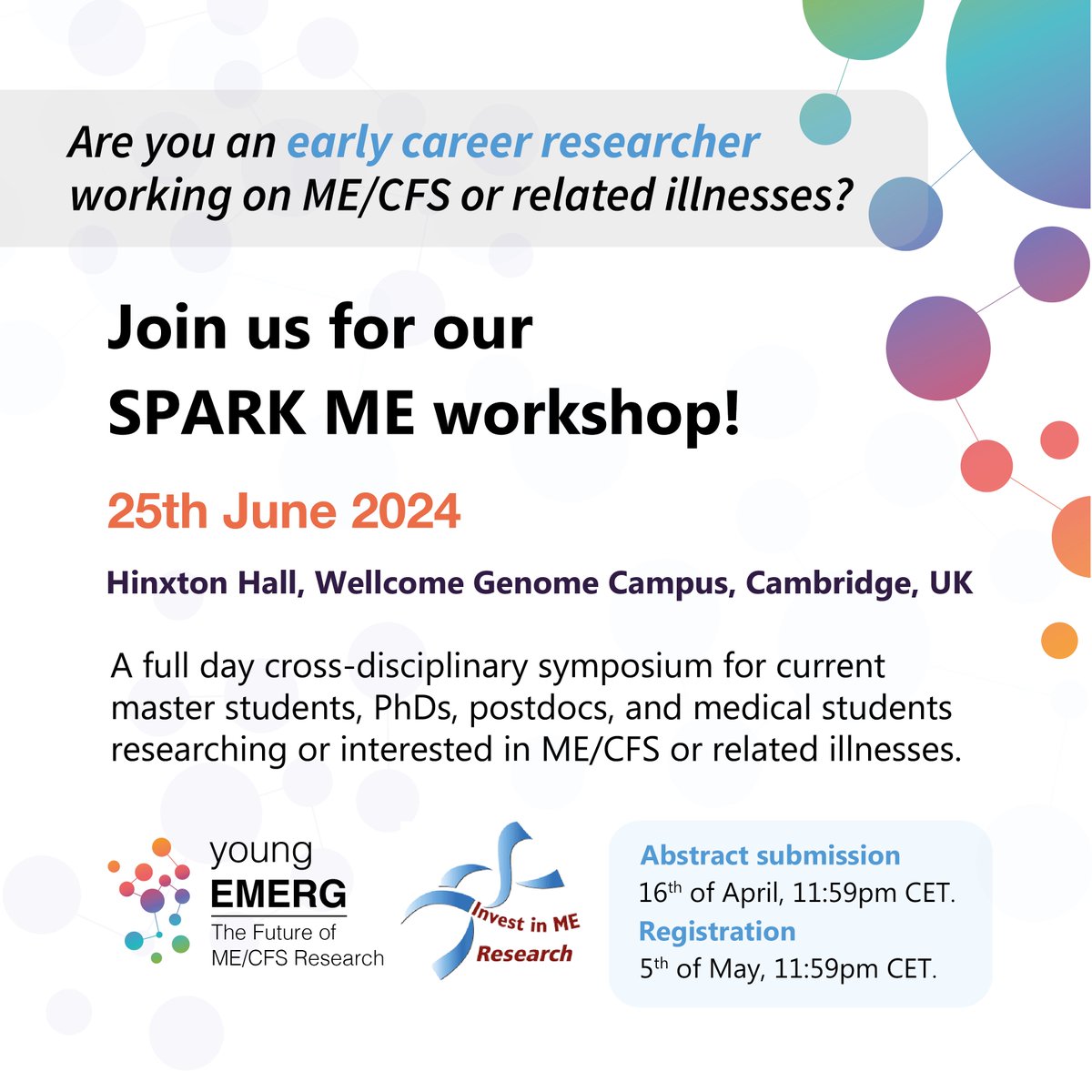📢#SPARKME update! New deadline for abstract submissions are on the 16th of April🗓️ Don't miss the opportunity to showcase your work and learn about #MECFS and related illnesses. @euromeresearch @Invest_in_ME @EUROMEALL Info: europeanmeresearch.org/yemerg04.shtml