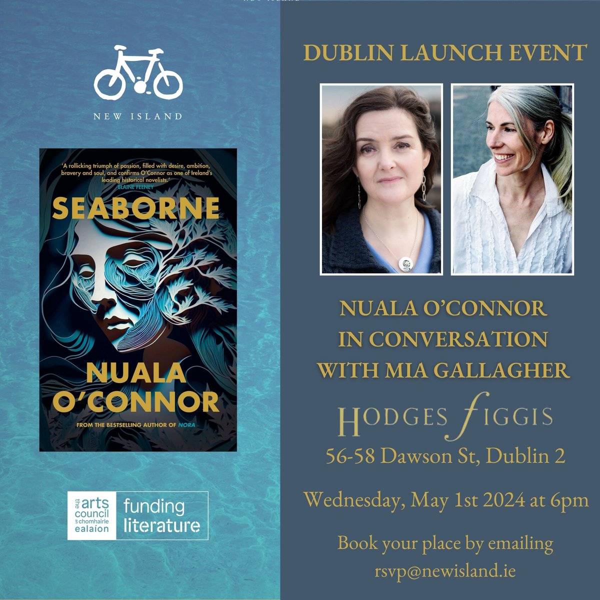 Dubs!! Join us for the launch of Seaborne in beautiful @Hodges_Figgis Mia Gallagher - writer/actress - will do the honours. I can't wait! 1st May, 6pm. Please RSVP as outlined in the image. #seabornenovel #AnneBonny #hodgesfiggis #booklaunch #miagallagher