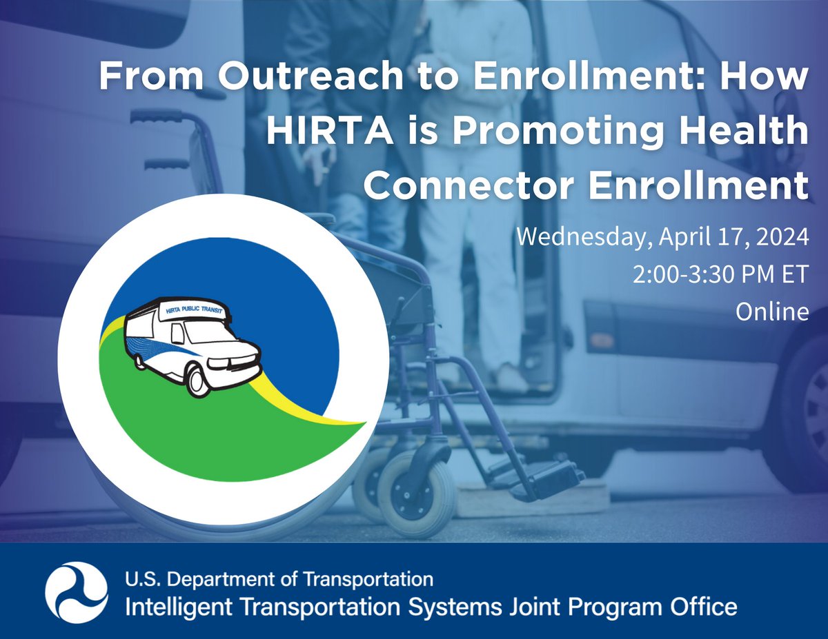 Register for the upcoming #ITS4US webinar with the Heart of Iowa Regional Transit Agency deployment team (@ridehirta) on 4/17 2pm ET. “HIRTA Health Connector – From Outreach to Enrollment: How HIRTA is Promoting Health Connector Enrollment.” eventbrite.com/e/its4us-deplo…