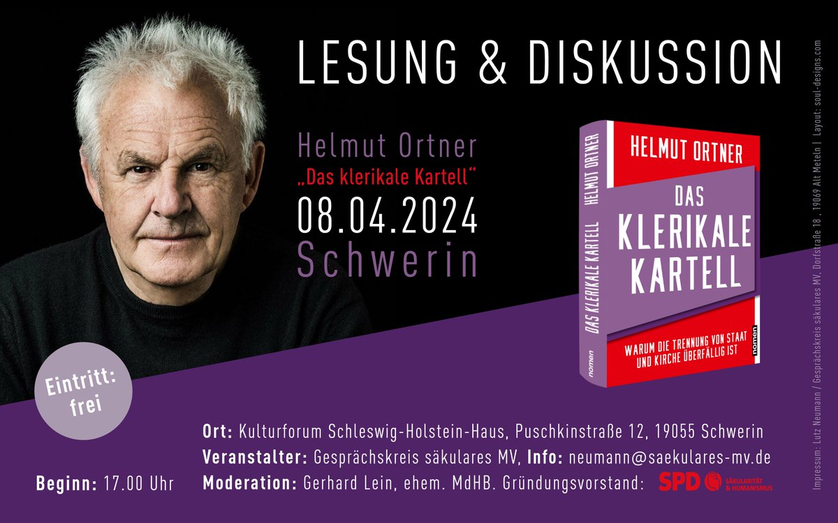 Nächsten Montag (8. April) diskutieren wir im Kulturforum Schwerin mit Helmut Ortner über sein neues Buch 'Das klerikale Kartell – Warum die Trennung von Staat und Kirche überfällig ist'. #SäkularesMV Alle Infos: aksh.spd.de/termine/klerik…