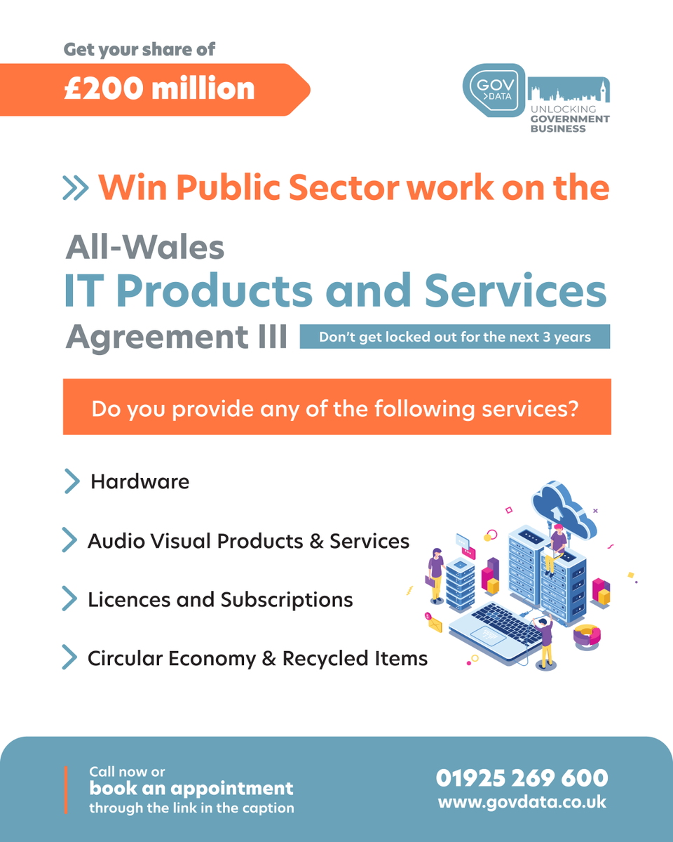 GovData Ltd (@govdataltd) on Twitter photo The All-Wales IT Products and Services III Framework is an innovative opportunity with a spend value of £200m.
Make sure you don't miss out!
Book a free Discovery Call: outlook.office365.com/book/Discovery….
You can also get in touch on 01925 269600 or winbusiness@govdata.co.uk. The All-Wales IT Products and Services III Framework is an innovative opportunity with a spend value of £200m.
Make sure you don't miss out!
Book a free Discovery Call: outlook.office365.com/book/Discovery….
You can also get in touch on 01925 269600 or winbusiness@govdata.co.uk.