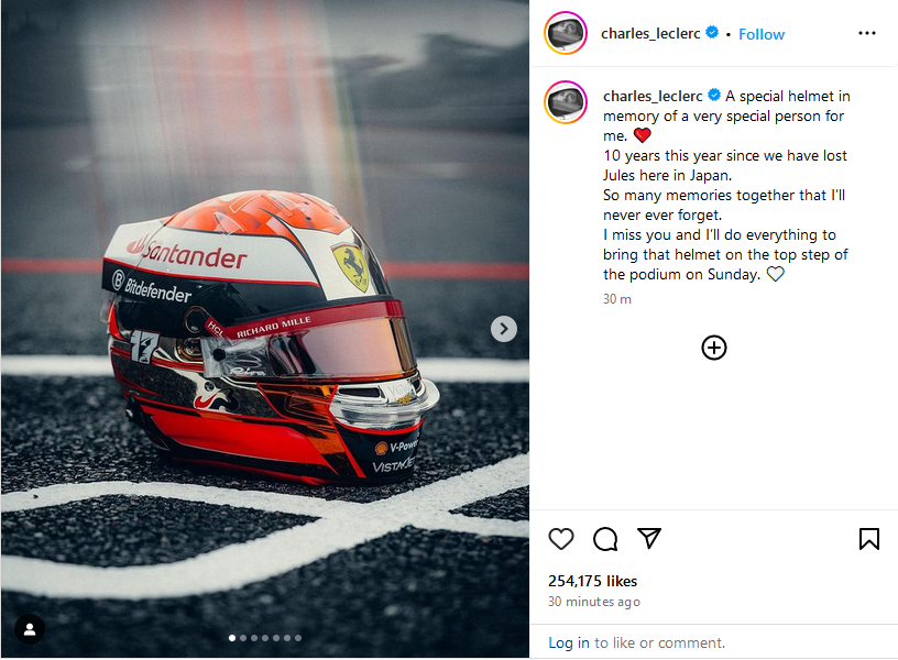 Charles Leclerc is racing with a special Jules Bianchi tribute helmet for this weekend's #F1 Japanese Grand Prix. What may have been...