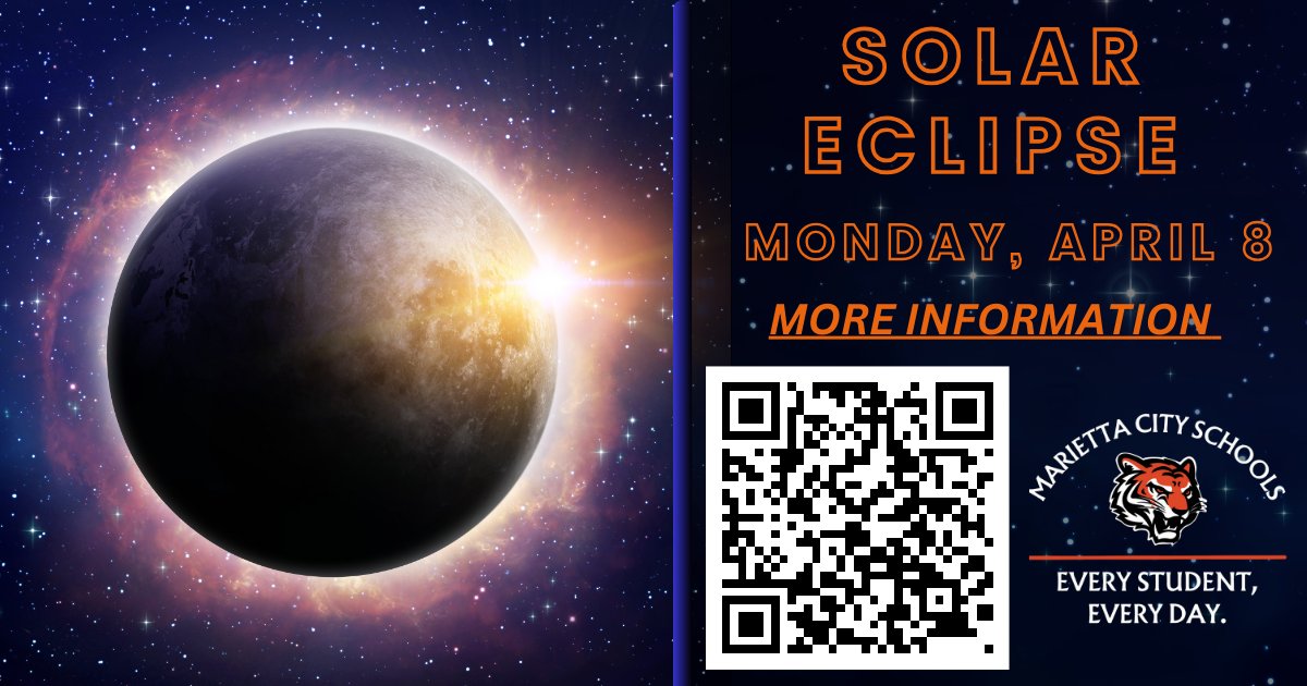 We wanted to provide some more safety information and additional resources for the eclipse that will be happening on Monday, April 8. #everystudenteveryday #mcsoh 

mariettacityschools.k12.oh.us/article/1534270