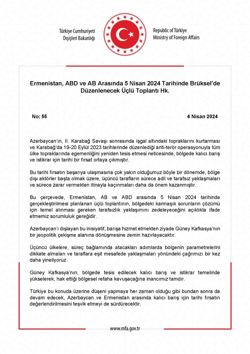 Ermenistan, ABD ve AB Arasında 5 Nisan 2024 Tarihinde Brüksel’de Düzenlenecek Üçlü Toplantı Hk. mfa.gov.tr/no_-55_-ermeni…