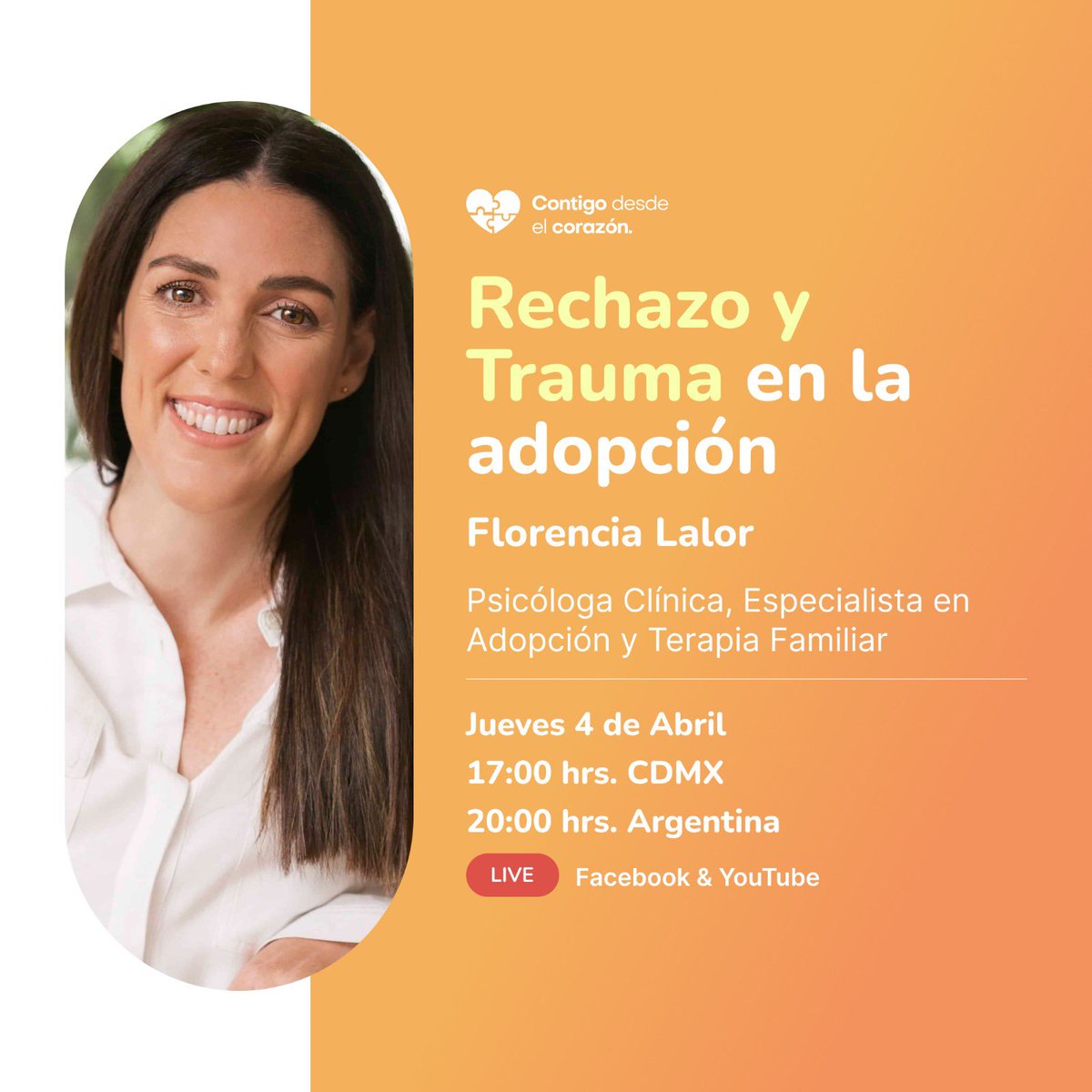 Contigo desde el corazón. Por Georgina Hernández (@cdesdeelcorazon) on Twitter photo Acompáñanos a la plática “Rechazo y Trauma en la Adopción” con Florencia Lalor psicóloga clínica especialista en adopción y terapia familiar: este 4 de abril a las 17 hrs CDMX o 20 hrs Argentina. 
youtube.com/@CONTIGODESDEE…
facebook.com/share/PRYMTArn…
#laadopcionnostocaatodos Acompáñanos a la plática “Rechazo y Trauma en la Adopción” con Florencia Lalor psicóloga clínica especialista en adopción y terapia familiar: este 4 de abril a las 17 hrs CDMX o 20 hrs Argentina. 
youtube.com/@CONTIGODESDEE…
facebook.com/share/PRYMTArn…
#laadopcionnostocaatodos