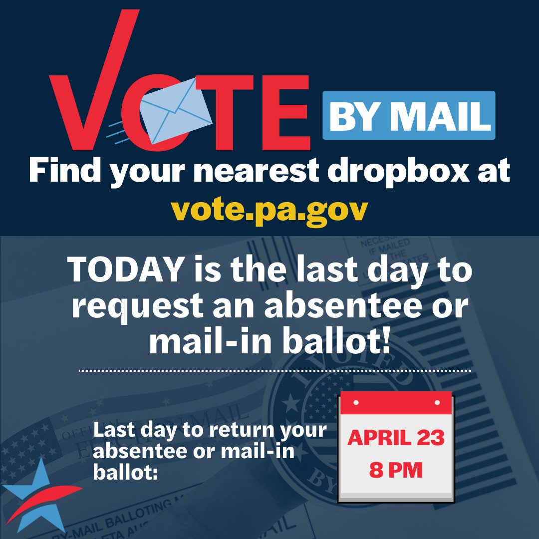 Today is the final day to request a mail-in ballot! Visit vote.pa.gov to request your ballot.