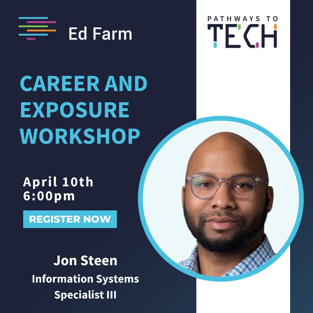 ✨Join us next Wednesday, April 10th at 6:00 p.m. as we host our Career and Exposure Workshop featuring Jon Steen! Jon is an Information Systems Specialist III. He’s excited to share insight on his tech journey!, Don’t wait, register here today: edfarm.zoom.us/meeting/regist… #tech