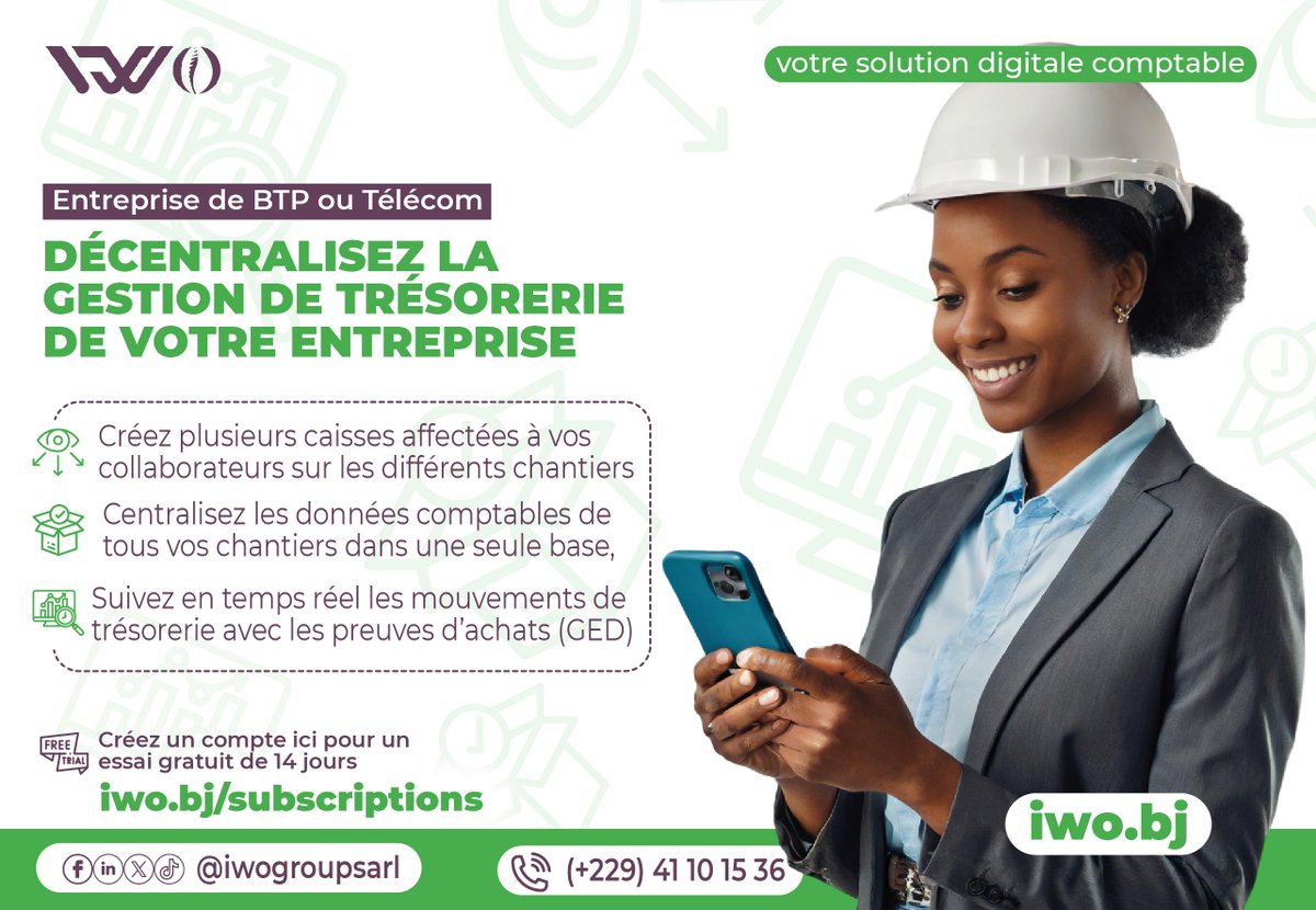 Gérer la trésorerie de vos équipes BTP ou Télécoms n'a jamais été aussi facile !
Avec IWO, centralisez la gestion de la trésorerie de vos chantiers et de vos équipes zones reculées.
Créez plusieurs caisses affectées à vos collaborateur sur vos différents chantier

Essai gratuit👇