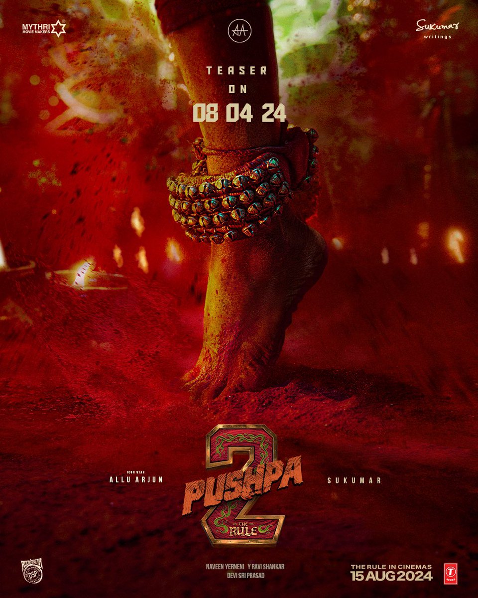 #Pushpa2TheRuleTeaser on 8 April [Mon, #AlluArjun's birthday]. 15 Aug 2024 [#IndependenceDay] release... #Pushpa2 #PushpaTheRule #Pushpa2Teaser